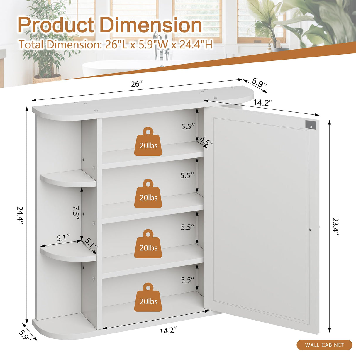 Meilocar Bathroom Medicine Cabinet, Bathroom Mirror Cabinet Wall Mounted with 6 Side Open Shelves, White Wall Cabinet with Mirror, White Meilocar