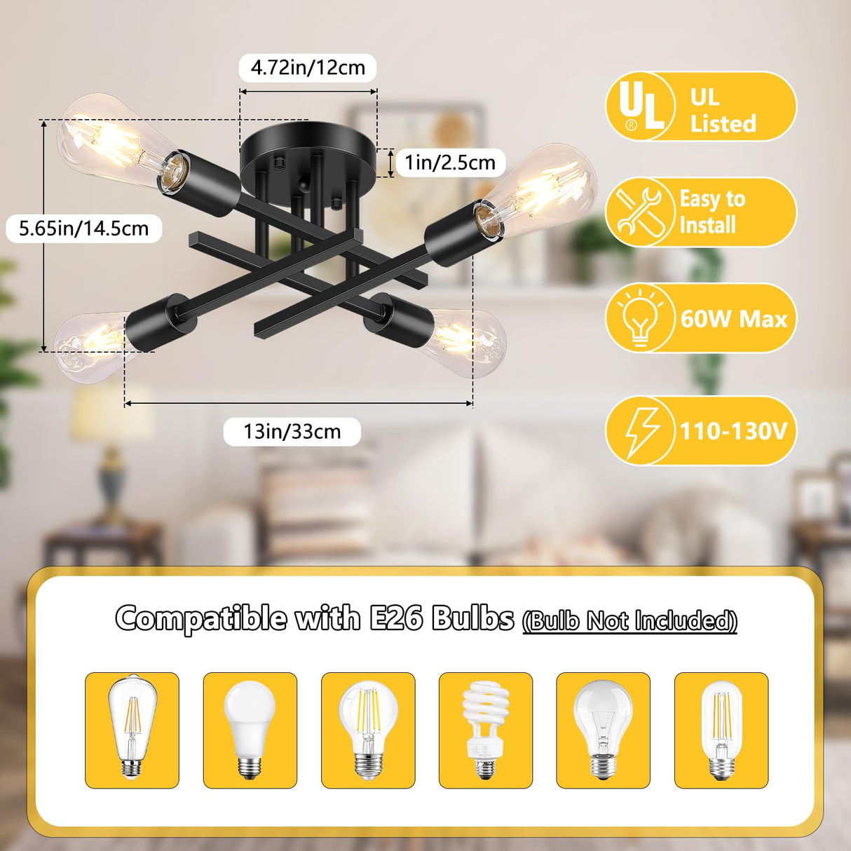 Asnxcju 4-Light Hallway Semi Flush Mount Light Fixtures, Farmhouse Black Light Fixtures Ceiling Mount, Indoor Close to Ceiling Lighting for Kitchen Entryway Bedroom Foyer (Bulb Not Included) Asnxcju