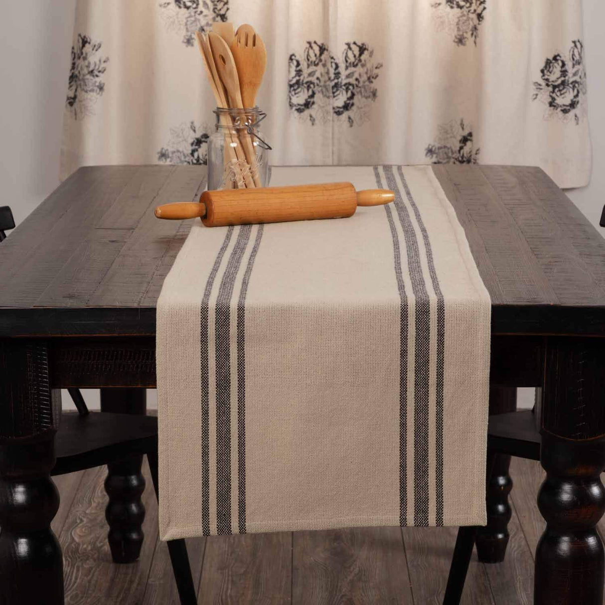 Mill House Stripe Black Table Runner, 36" Long, Farmhouse Primitive Grain Sack Stripe Fabric Table Topper, Beige & Black Piper Classics