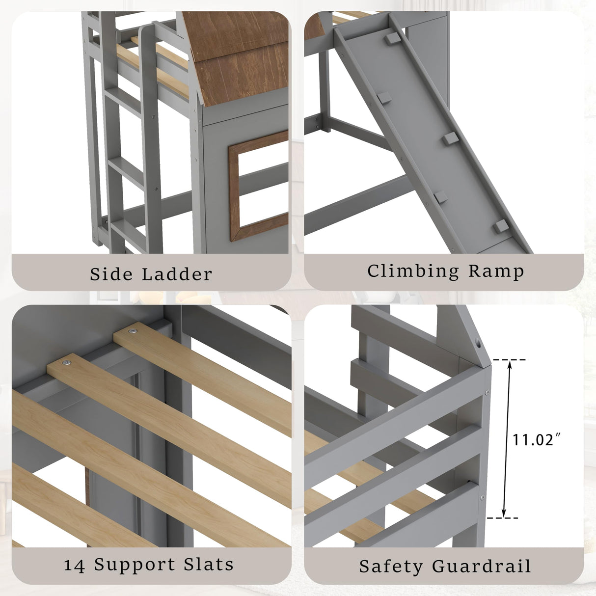 DGSPVCT Twin Over Twin House Bunk Bed for Kids, Wood Bunk Bed Frame with Window Roof Design and Guardrail, Montessori Floor Bunk Bed Frame with Climbing Ramp & Ladder, for Boys Girls, Gray DGSPVCT