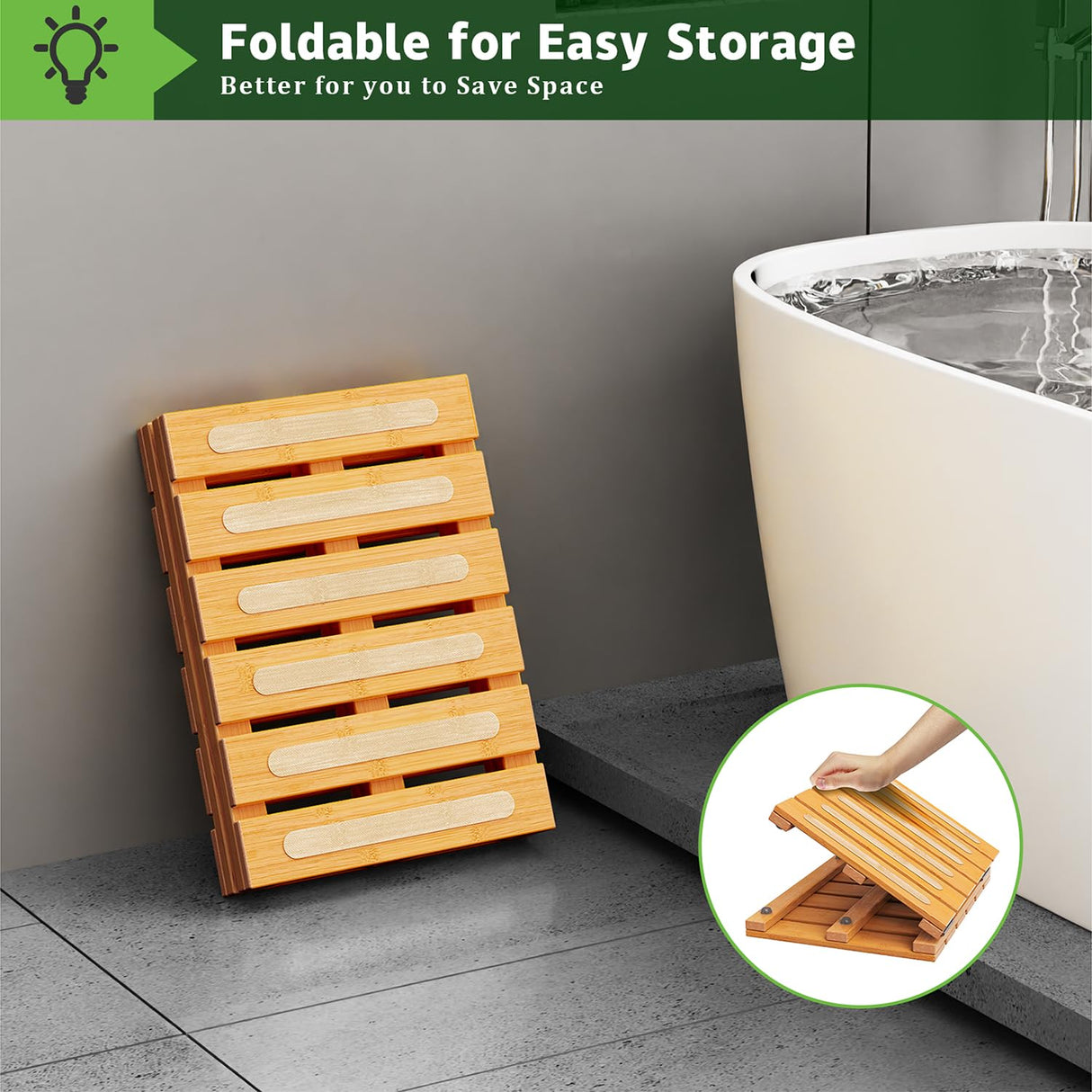 Bamboo Bath Mat for Shower, Dual Anti-Slip for Surface & Bottom, Waterproof Foldable Shower Mat, Easy to Carry and Storage, Wonderful for Indoor Outdoor ( Natural, 20.86×13.77×1.14 Inches) JOJOZOO