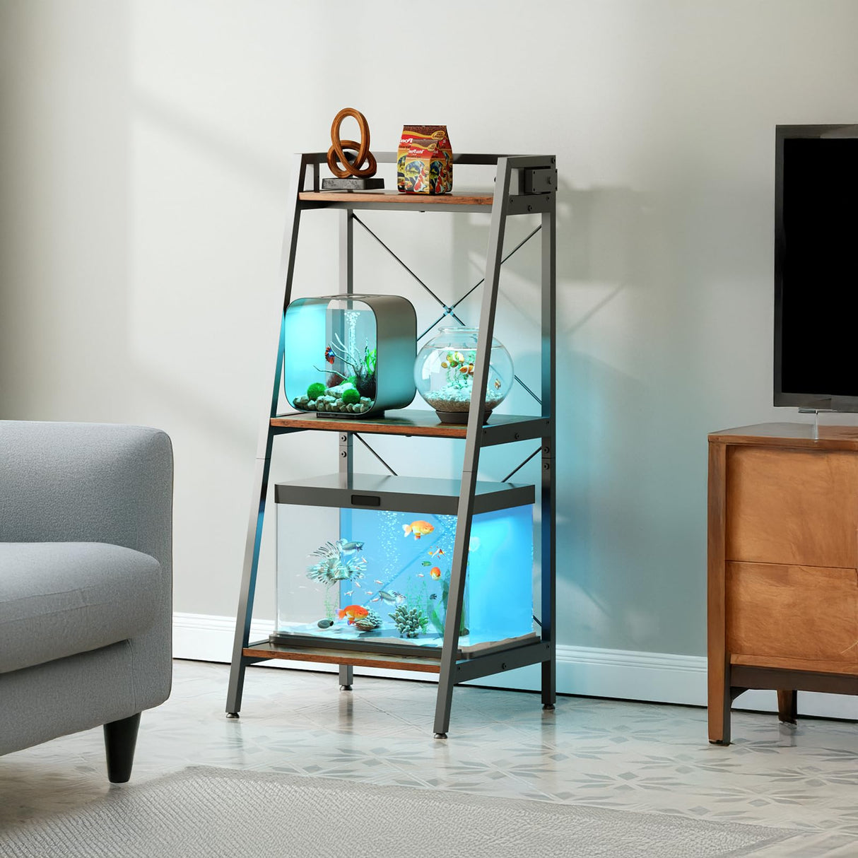 Herture 3-5.5 Gallon Fish Tank Stand with Shelf, Metal Frame Aquarium Stand with Storage and Power Outlet, for Multiple Fish Tank, 16.53" L*14.41" W Reptile Tank Rustic Brown PG11YGN Herture