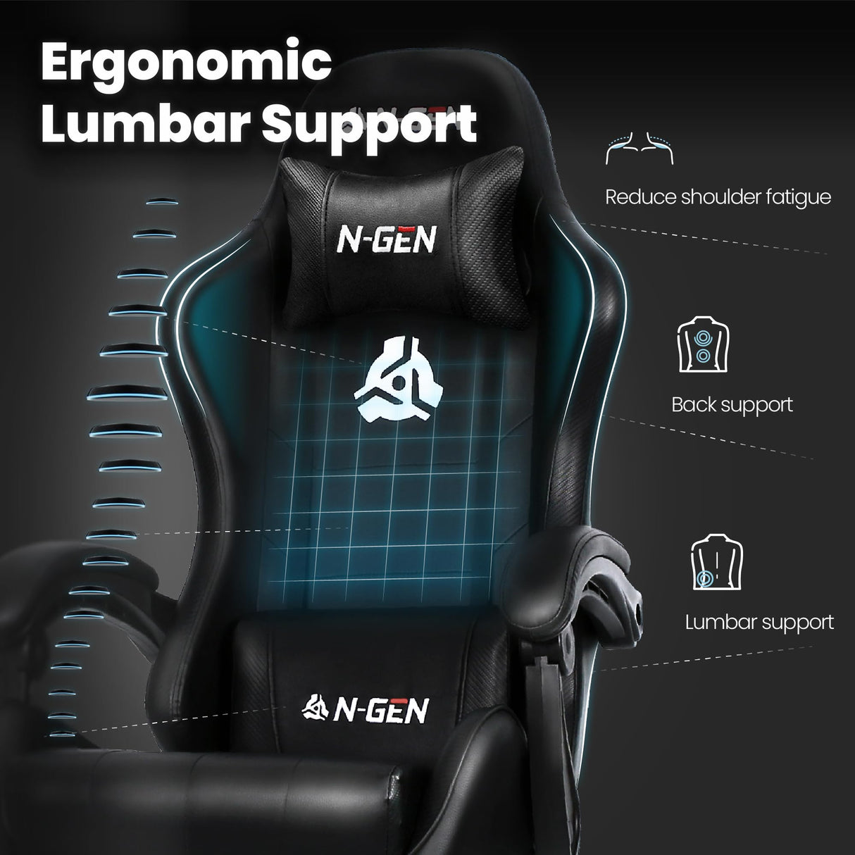 N-GEN GAMING Video Gaming Chair with Footrest High Back Ergonomic Comfortable Office Computer Desk with Lumbar Support Height Adjustable with PU Leather Recliner for Adults Women Men (Black) N-GEN GAMING