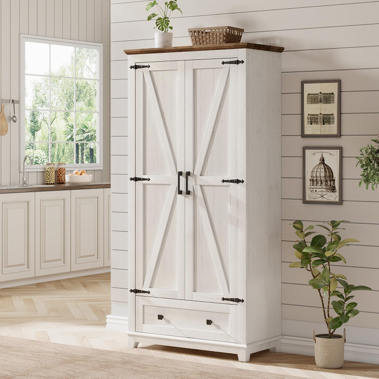 LUXOAK Farmhouse Kitchen Pantry Cabinet, 72" Tall Storage Cabinet with Adjustable Shelves & Barn Doors, Freestanding Kitchen Cupboard for Dining Room, Living Room, Barnwood+White LUXOAK