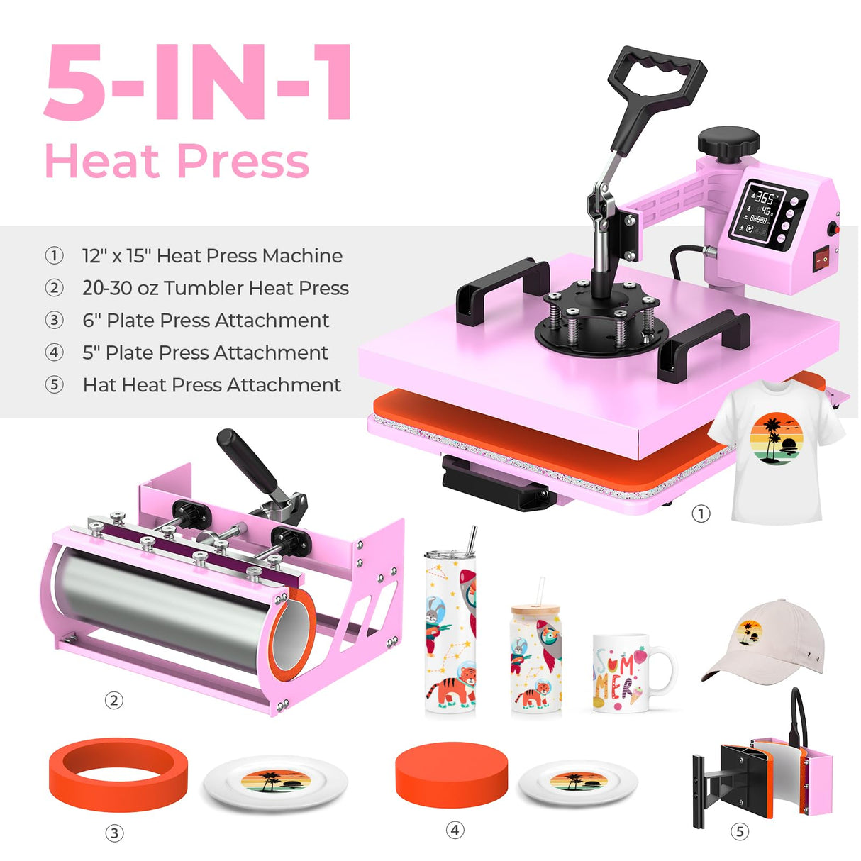 12x15 Heat Press with 30 OZ Tumbler Attachment, 5 in 1 Heat Press Machine for T Shirts, Tumblers Glass Cans Mugs Hats and Plates EnjoyColor