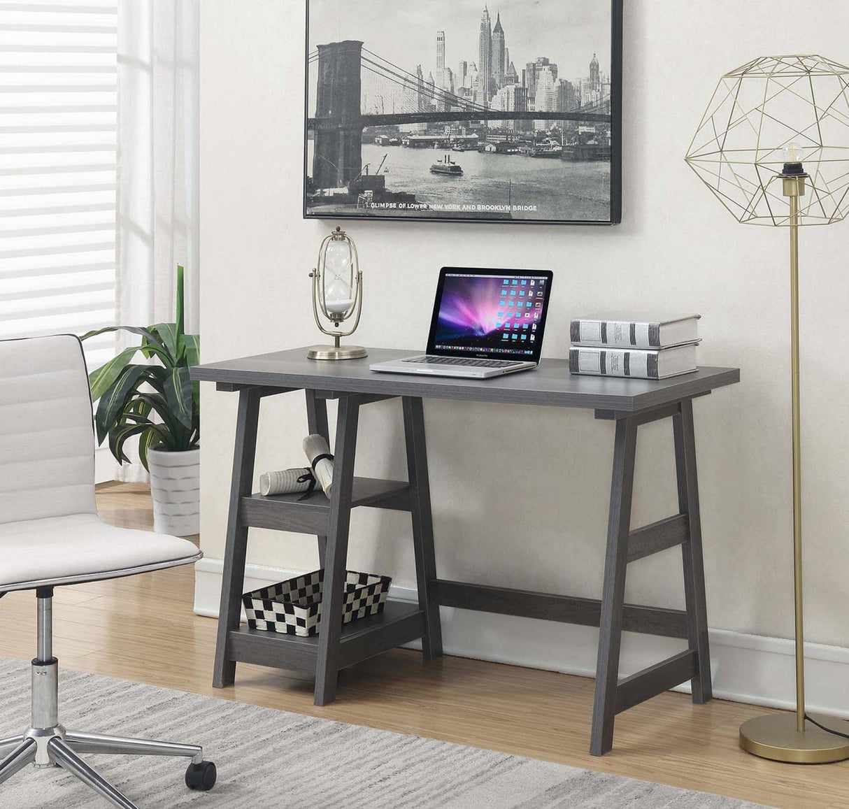 Convenience Concepts Designs2Go Trestle Desk with Shelves, 47", Charcoal Gray Convenience Concepts