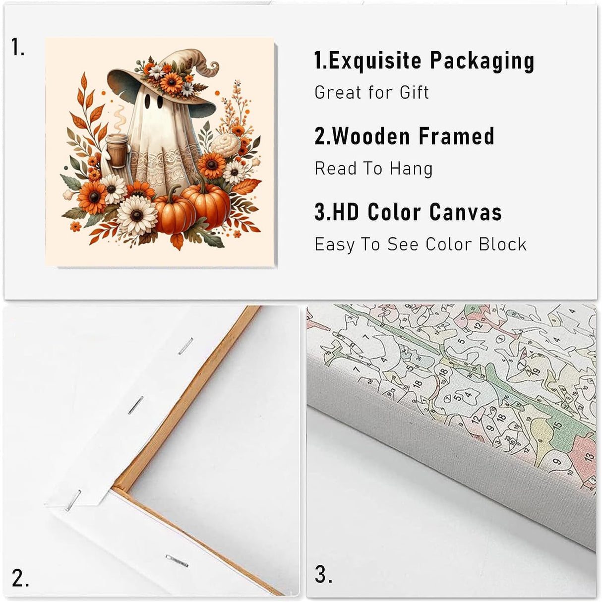 VIGEGU Fall Ghost Paint by Numbers Kit for Adults with Framed,Thanksgiving Paint by Number DIY Acrylic Adult Paint by Number Kits for Wall Decor 10x10in VIGEGU