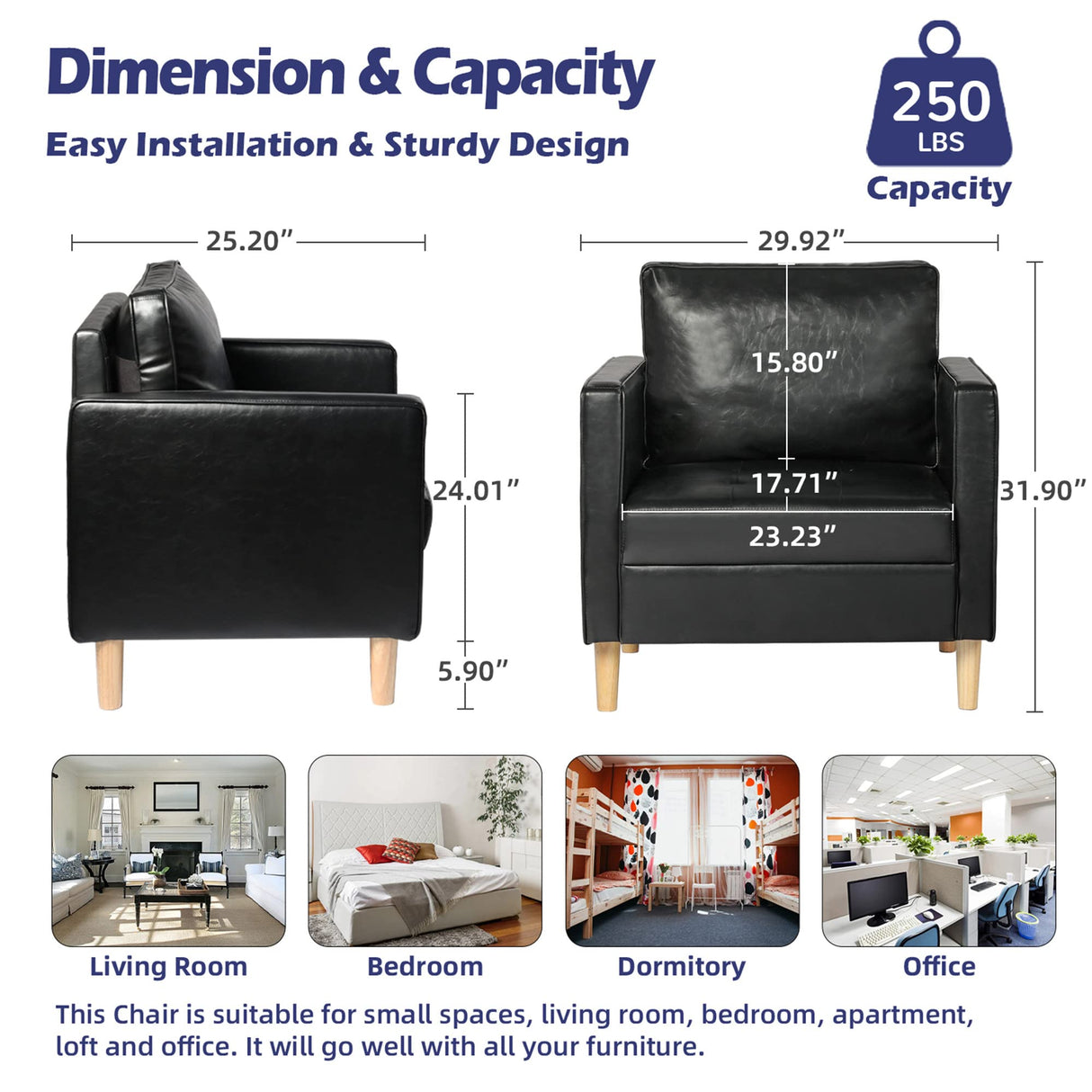 STHOUYN Black Faux Leather Accent Chairs Set of 2 Small Living Room Bedroom Chairs, Comfy Reading Chair Single Sofa for Adults, Suitable Small Spaces Office Couch, Easy Assembly STHOUYN