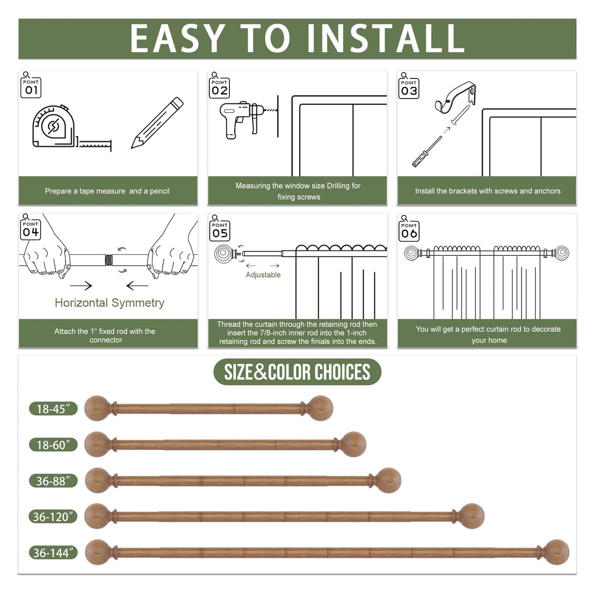 HTZON Wood Curtain Rods for Windows 48 to 84 Inch,1 Inch Wood Grain Ball Adjustable Curtain Rod,Boho Heavy Duty Curtain Rods,Farmhouse Rustic Single Window Curtains Rods,Brown Drapery Rods Set 36-88" HTZON