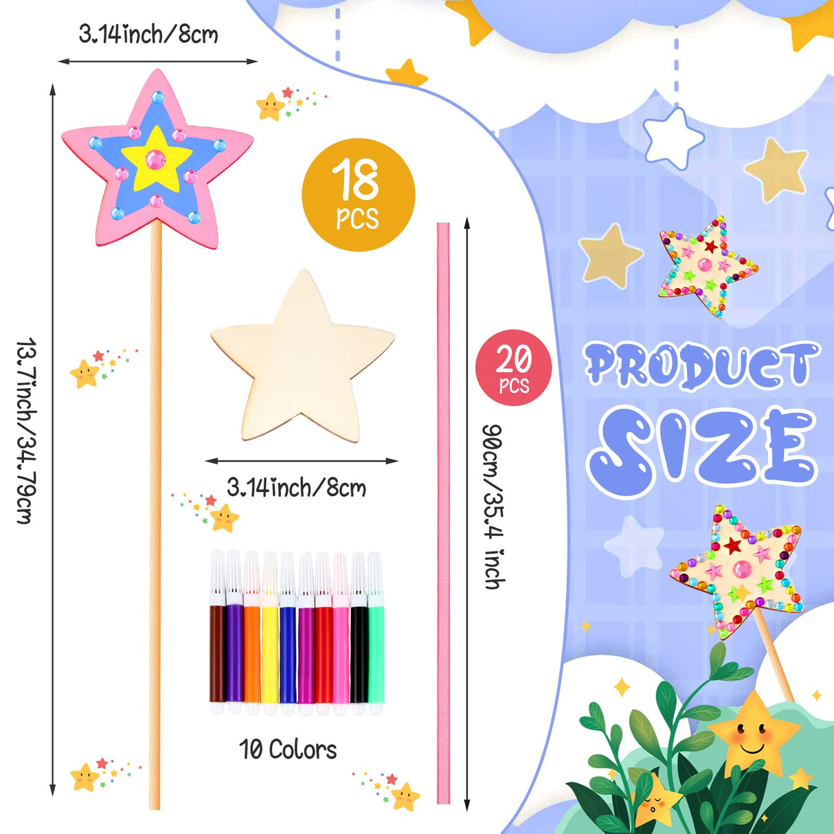 57 Pcs Star Princess Fairy Wands Kit Make Your Own Princess DIY Art Craft Magical Wand Include 18 Star Wooden Fairy 9 Gem Stickers 20 Ribbons 10 Markers Party Supply Chinco