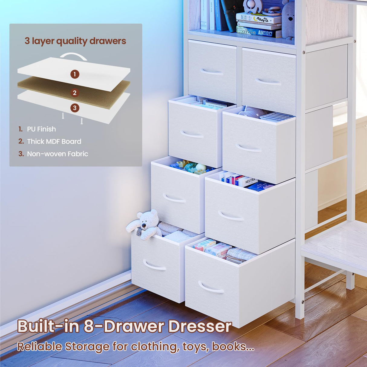 ADORNEVE Twin Size Loft Bed with Desk, 11 Storage Drawers & RGB LED Lights, Metal Loft Bed with Power Outlet, Shelves & Clothing Rack, 13.4" H Safety Guard & Paded Ladder, White ADORNEVE