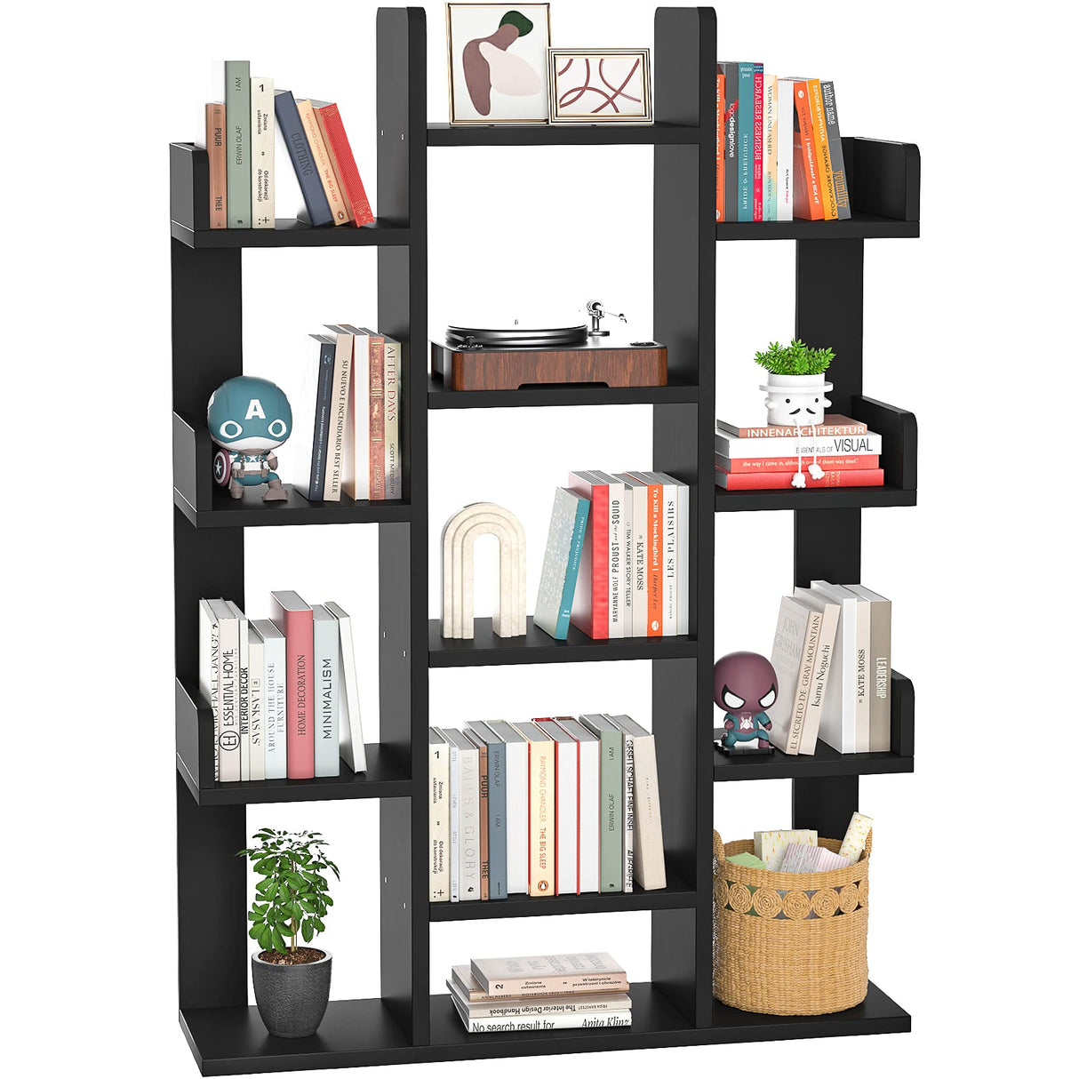 Aheaplus Bookshelf, Tree-Shaped Bookcase Storage Shelf with 13 compartments, Books Organizer Display Cube Shelves, Industrial Free Floor Standing Wood Open Bookshelves, Black Aheaplus