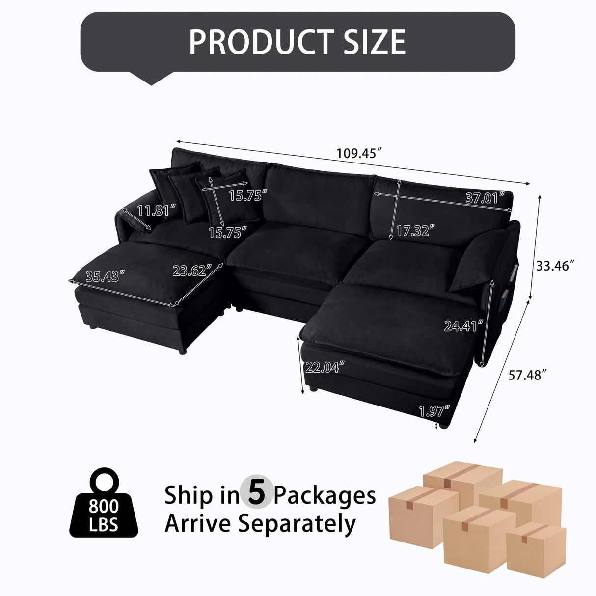 110" Modular Sectional Sofa,U-Shaped Chenille Sofa Couch with Movable Ottoman,Modern 5 Seat Cloud Sectional Couches for Living Room Office Home (Black, 110" U-5 Seater) Anwick