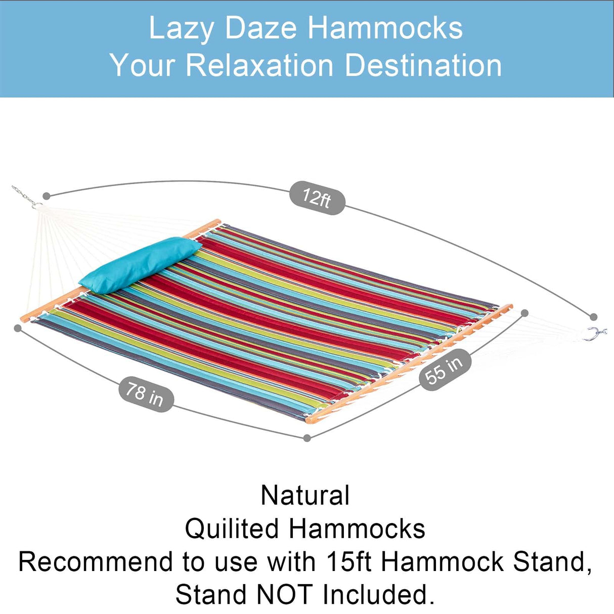 Lazy Daze Hammocks 12 FT Quilted Fabric Double Hammock with Spreader Bars and Detachable Pillow, 2 Person Hammock for Outdoor Patio Backyard Poolside, 450 LBS Weight Capacity, Blue&Red Stripes Lazy Daze Hammocks