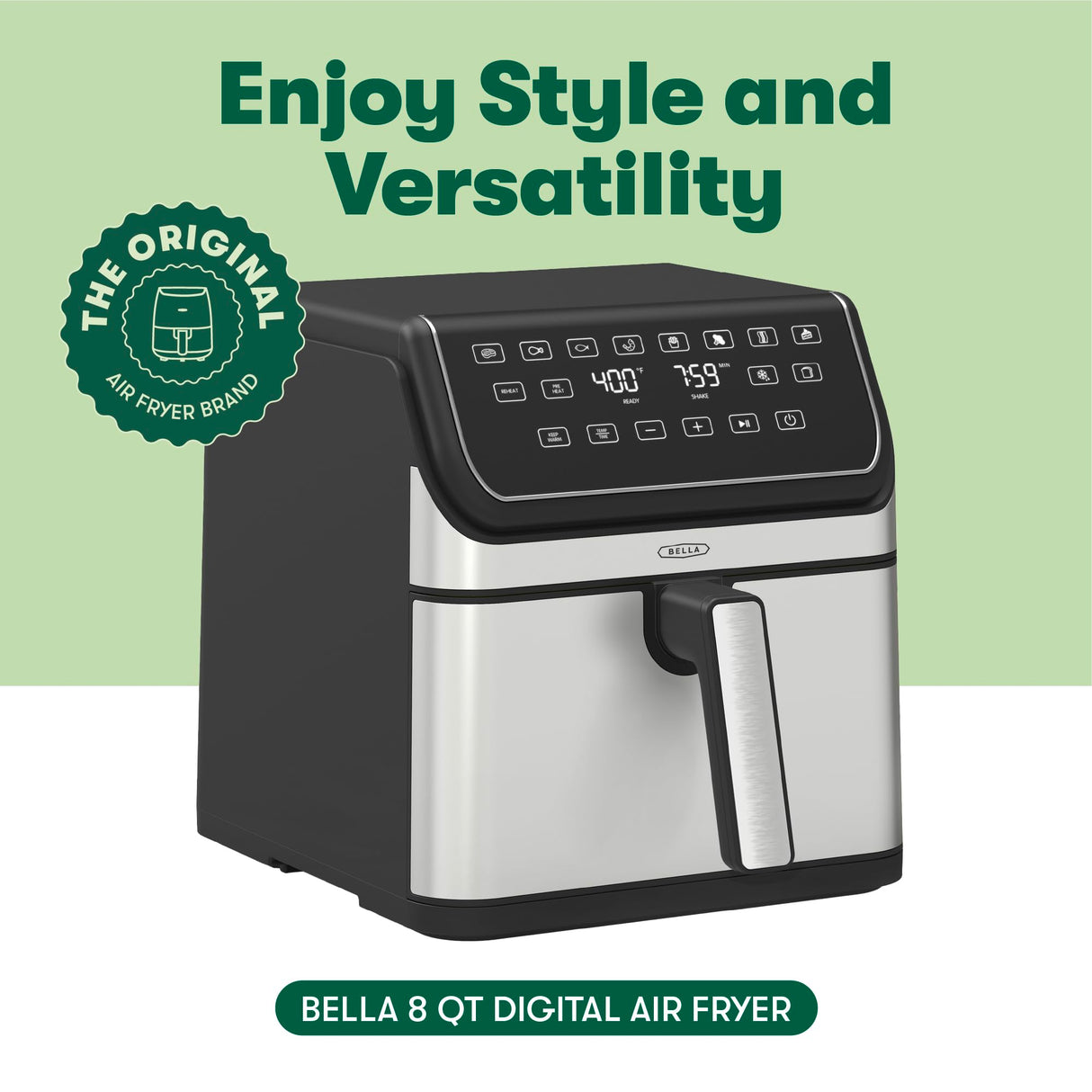 bella 8 Qt Digital Air Fryer with TurboCrisp Technology, Large Family Size Nonstick Cooking Basket and Crisping Tray, Multiple Preset Functions, Auto Shutoff, Stainless Steel, 1750 Watt BELLA
