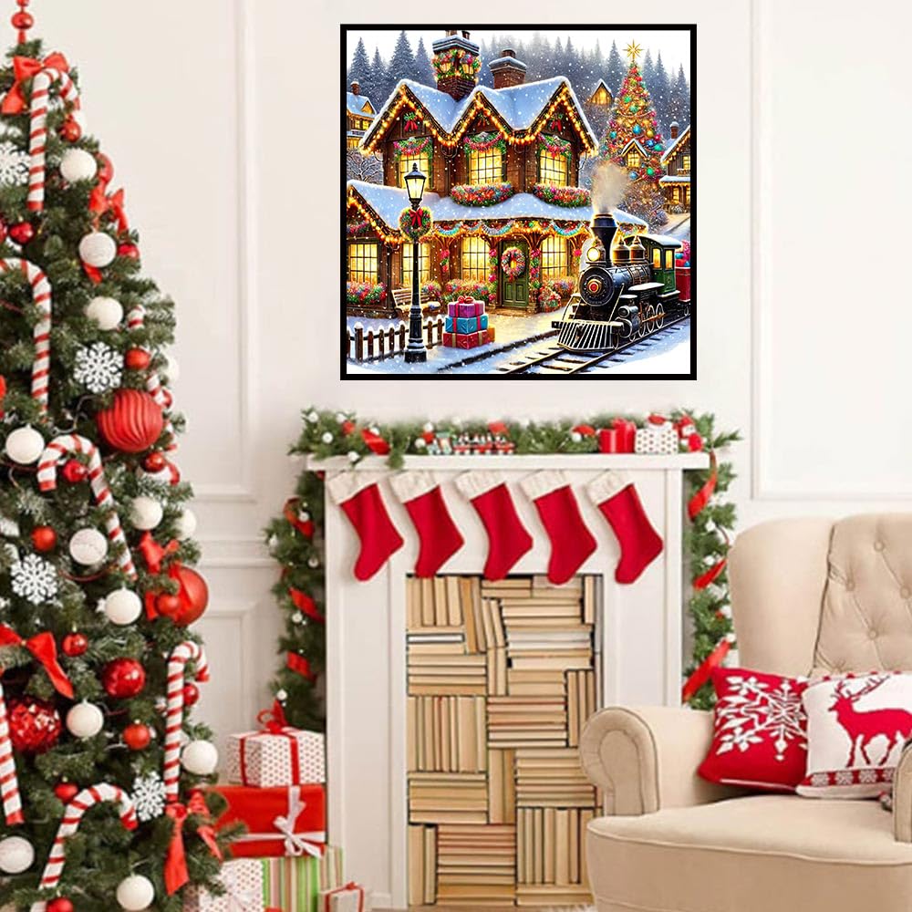 igoodom Christmas Diamond Art Kits for Adults, Christmas Train Diamond Painting Kit, Full Drill Round Winter House Diamond Art Kits, DIY Gem Art for Home Wall Decor Gift 14x14inch igoodom