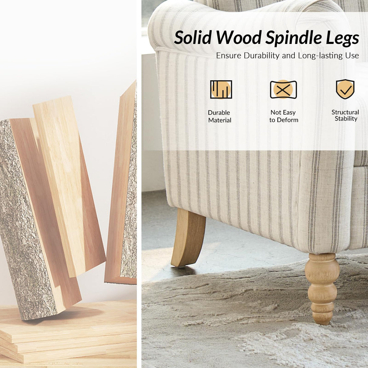 HULALA HOME 50.5" Loveseat Sofa with Stripe Pattern, 2 Seater Farmhouse Sofa with Rolled Wide Armrests and Rubber Wood Legs, Comfy Upholstered Small Couch for Living Room Bedroom, Stripe HULALA HOME