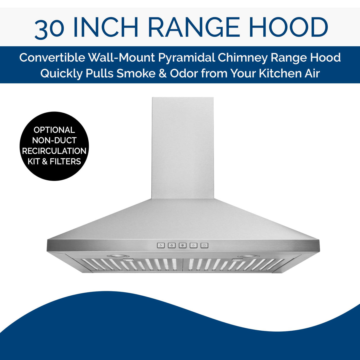 Broan-NuTone BWP2304SS 30-inch Wall-Mount Convertible Chimney-Style Pyramidal Range Hood with 3-Speed Exhaust Fan and Light, Stainless Steel Broan-NuTone