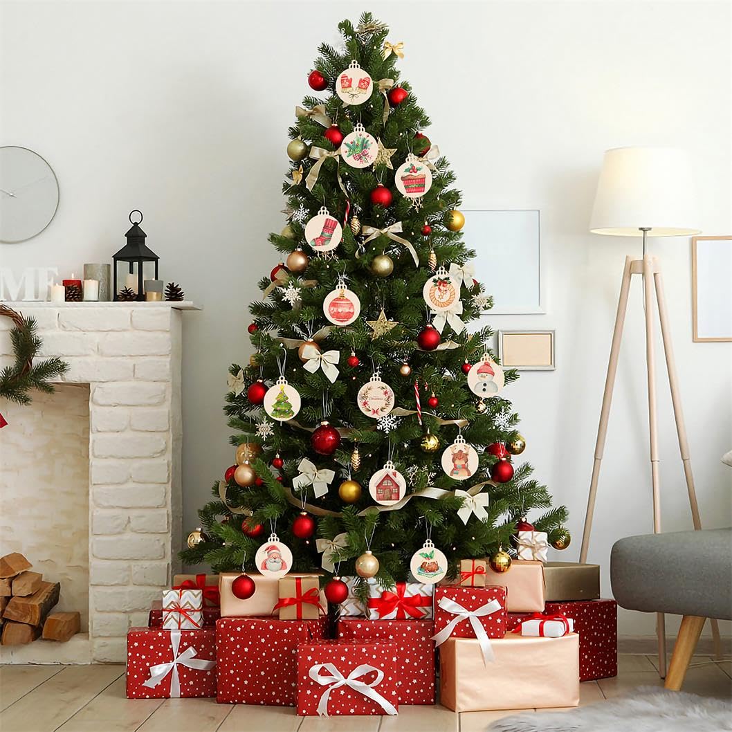 Round Wooden Circles with Holes - 20 Pcs Unfinished Natural Wood Slices for Painting, Crafts Christmas Ornaments DIY Crafts Hanging Decorations WKTFOBM