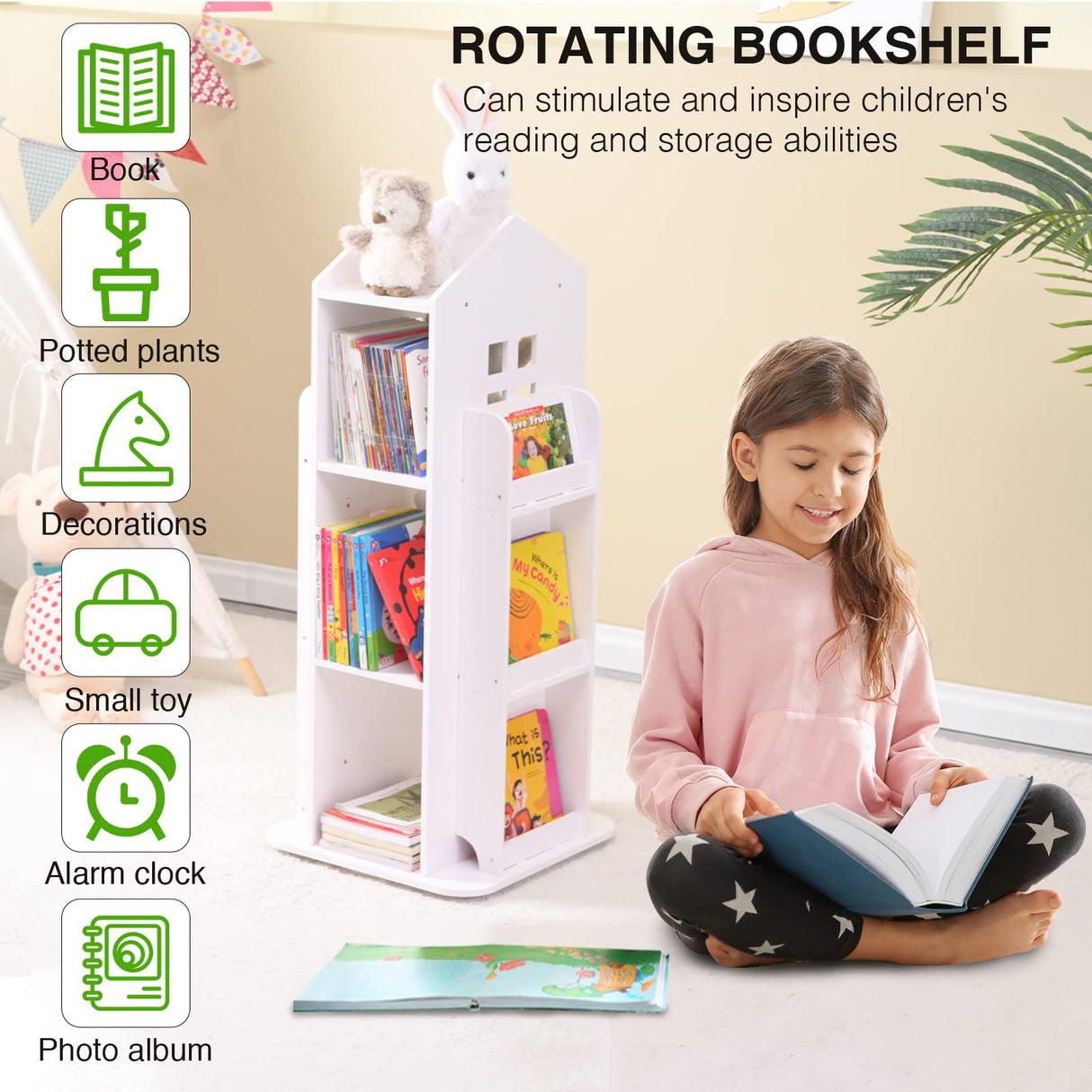 LEATOVOP 360° Rotating Bookshelf – Multi-Functional White Bookcase Storage Rack for Kids & Adults LEATOVOP
