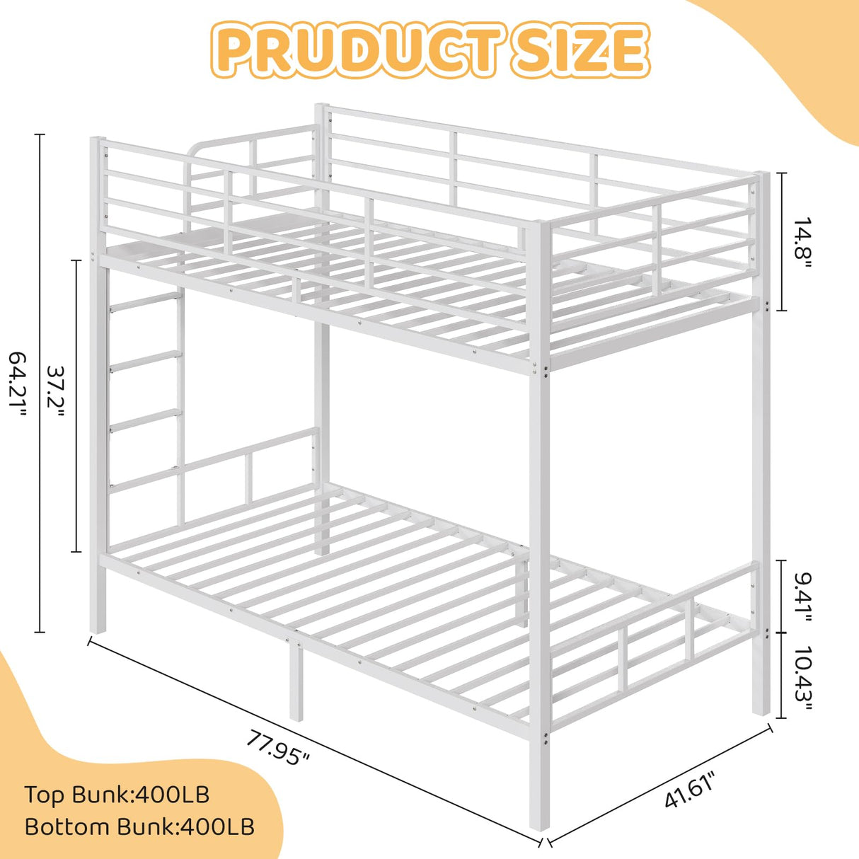 VINGLI Bunk Bed Twin Over Twin with 15 Inches Extra High Guardrail 2 Deckers Bunk Bed with Stairs & Flat Rungs, Heavy Duty Metal Slats, No Box Spring Needed, White VINGLI