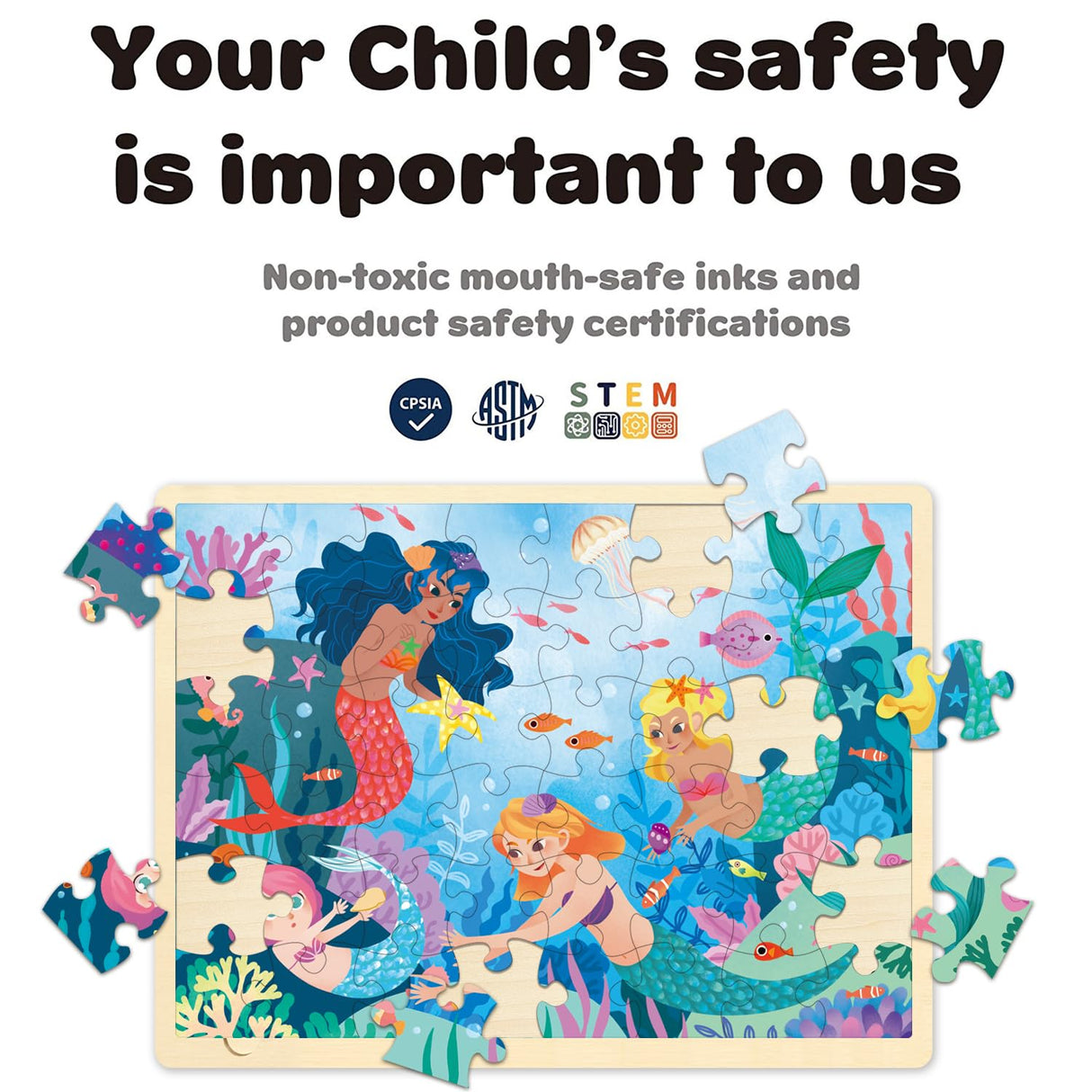 MoinKidz 48 Piece Puzzles for Kids Ages 3-5, Fun Mermaid Wooden Jigsaw Puzzles for 3 Year Old with Unique Puzzle Pieces, Preschool Toddler Puzzles Ages 4-8 with Puzzle Tray MoinKidz