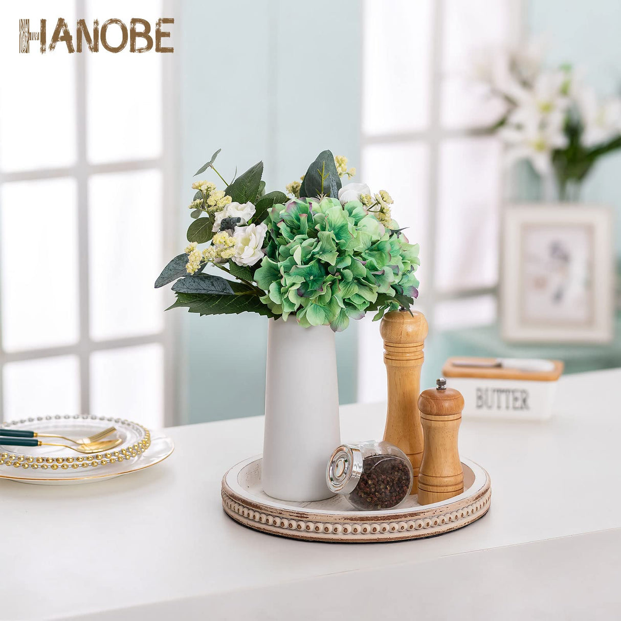 Hanobe Decorative Serving Tray Wood: White Washed Bead Round Tray Decor for Coffee Table Rustic Wooden Trays Farmhouse Centerpiece for Living Room Kitchen Counter Hanobe