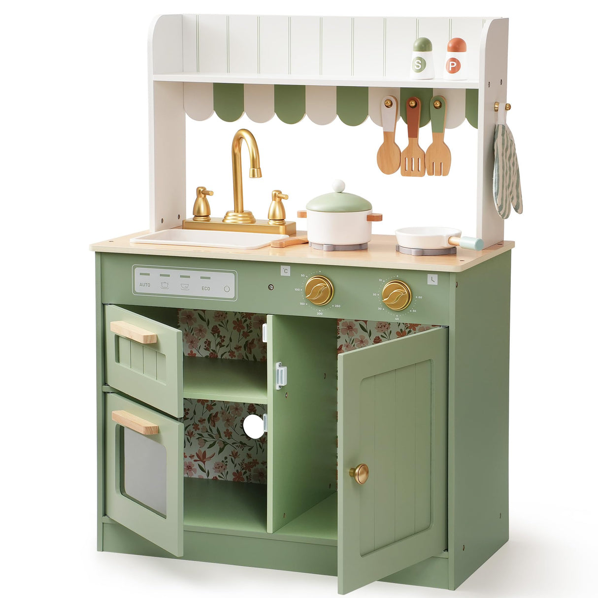 ROBOTIME Play Kitchen for Kids Toddlers, Wooden Pretend Play Kitchen Set Toy with Cutting Food Set, Toys Kitchen Gift for 3+ Year Old Kids, Girls & Boys ROBOTIME