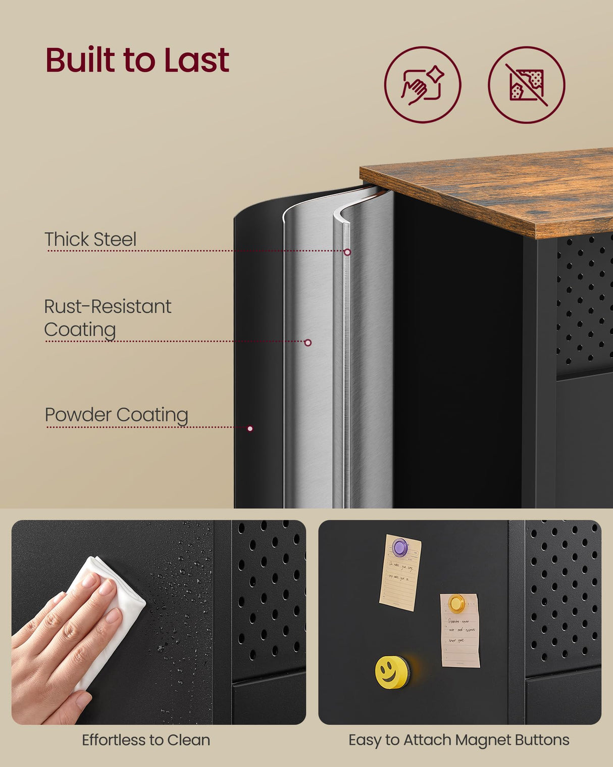 SONGMICS Storage Cabinet, Metal Cabinet, Sideboard with 2 Doors, Magnetic Closure, Adjustable Shelves, Steel Frame, Rustic Brown and Matte Black ULSC204B01 SONGMICS