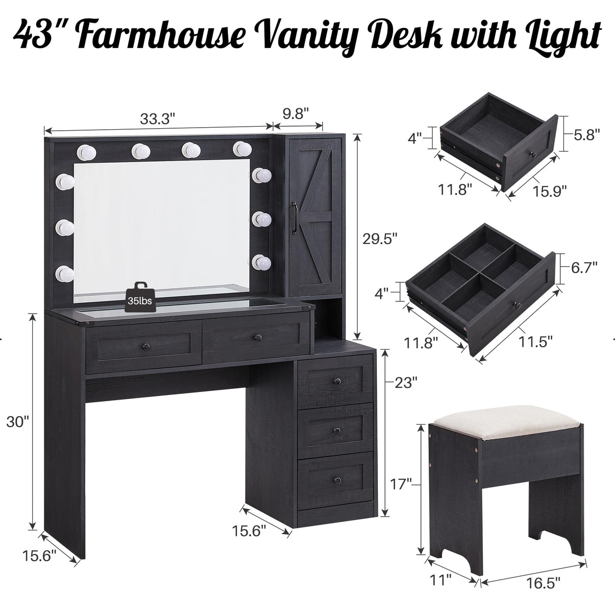 ACCOHOHO Farmhouse Vanity Desk with Mirror and Lights, 43" Wide Makeup Vanity with Glass Tabletop and Charging Station, Modern Vanity Table Set with Storage and Stool for Bedroom, Black ACCOHOHO