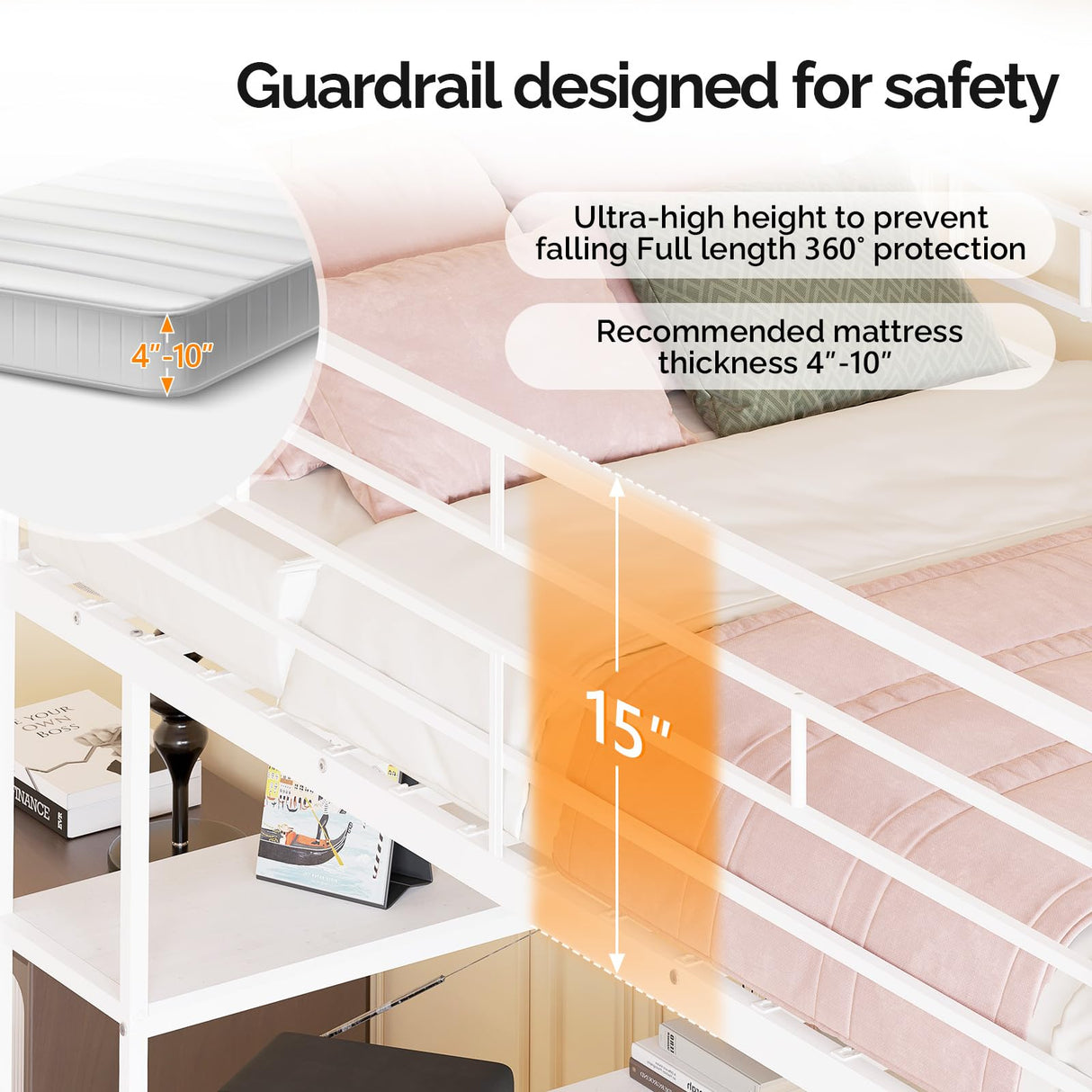 VINGLI Twin Loft Bed with 15 Inches Safety Guardrail/L-Shaped Desk/Flat Rungs, LED Single High Sleeper with 2 Charging Stations/Storage Shelves/Dresser, Heavy Duty Metal Support Slat, White VINGLI