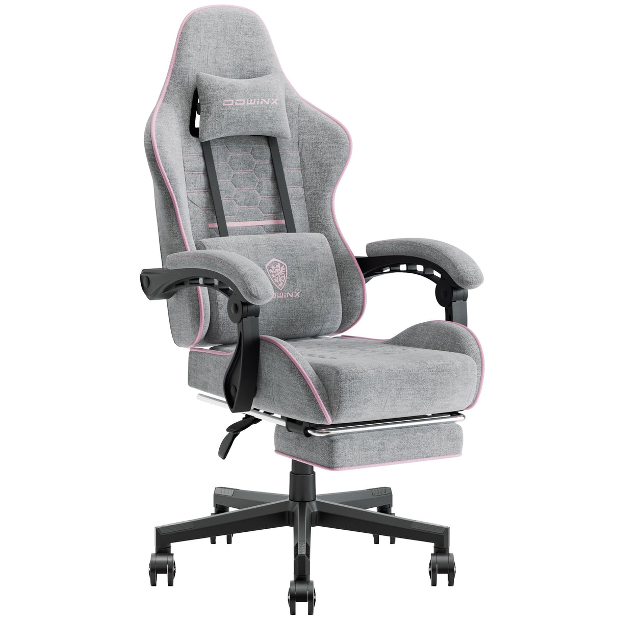 Dowinx Gaming Chair Fabric with Pocket Spring Cushion, Massage Game Chair Cloth with Headrest, Ergonomic Computer Chair with Footrest 290LBS, Pink and Grey Dowinx