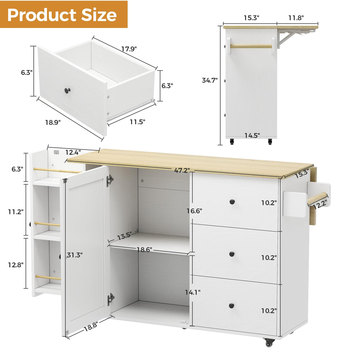 IRONCK Kitchen Island with Storage, 47.2in Rolling Island on Wheels, Kitchen Cart with Drop Leaf, 3 Spacious Drawers, Storage Cabinets and Towel Rack for Home, Dining Room IRONCK