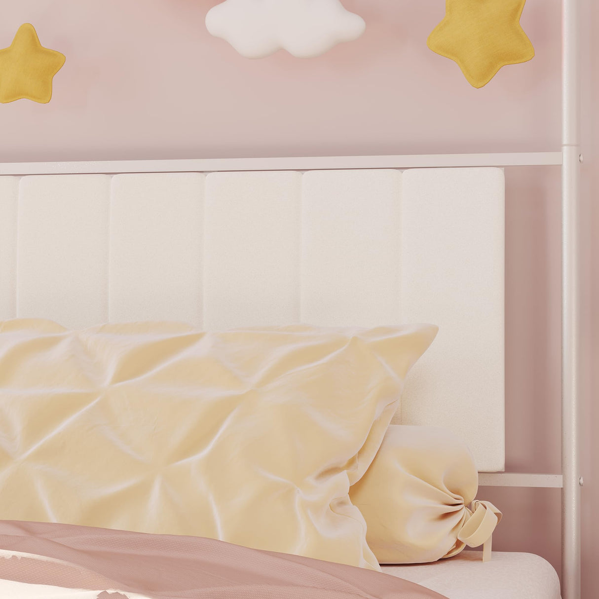 Garvee Twin Size Canopy Bed Frame with Upholstered Headboard, Kids Metal Platform Bed Frame with Strong Slats Support, Noise Free, No Box Spring Needed, Easy Assembly, White Garvee