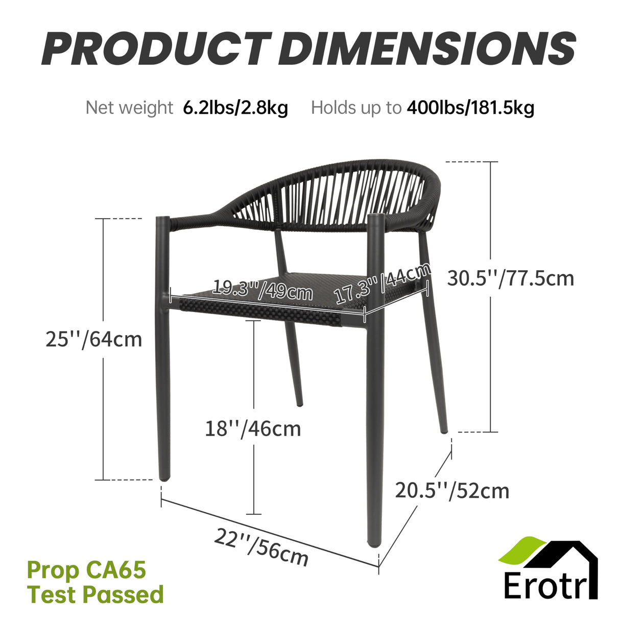Erotr 8 Pcs Stackable Dining Chairs, Aluminum Rattan Outdoor Dining Chair with Arms, Woven Rope Patio Armchair Metal No Assembly for Bistro Garden Balcony Porch Deck Yard Cafe Restaurant, Black Erotr
