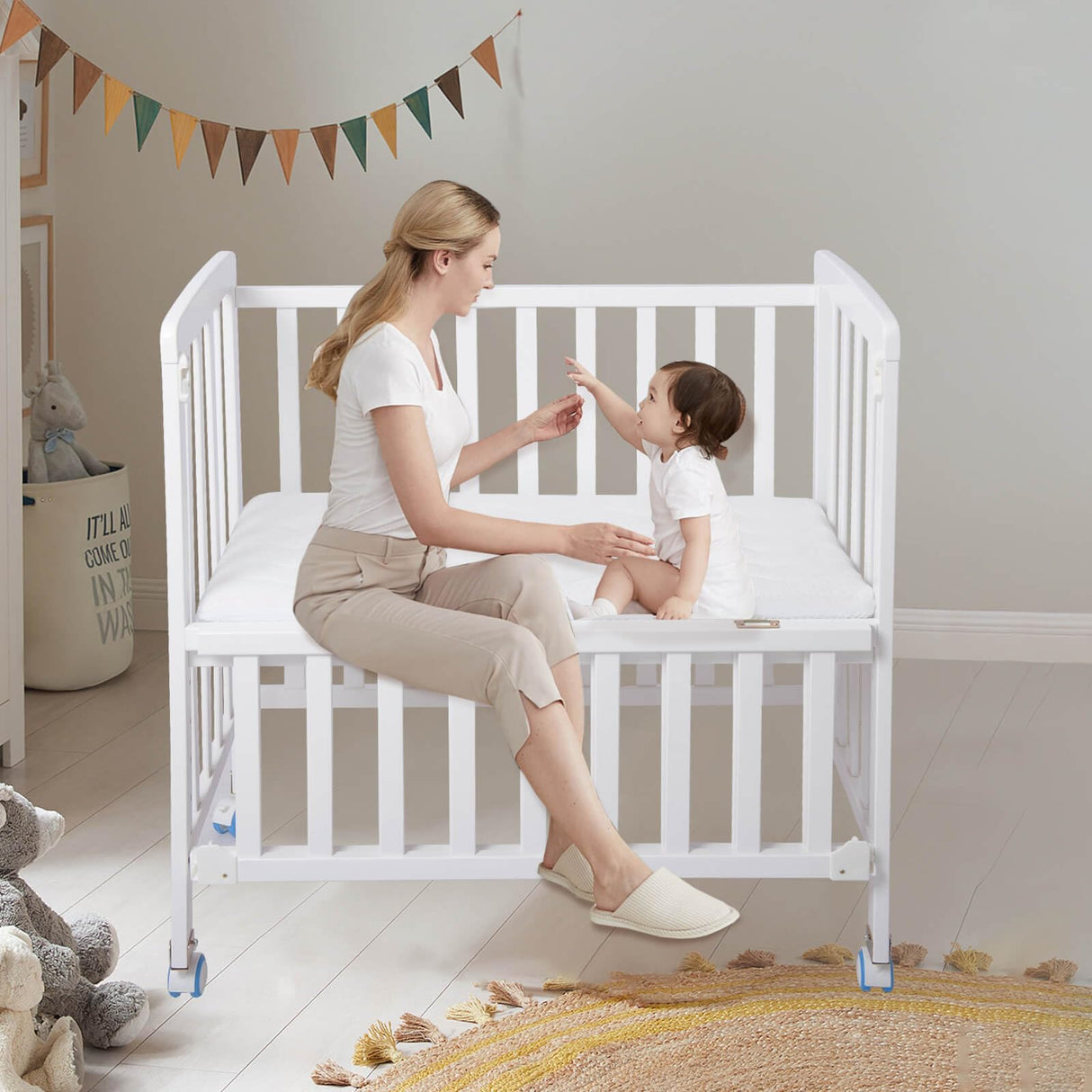 Flwrgirl Baby Bassinets Bedside Sleeper - Pine Wood Bassinet Bedside Sleeper,6 Heights Bedside Bassinet for Baby,Co Sleeper for Baby in Bed with Mattress,Baby Bedside Bassinet Crib,White Flwrgirl