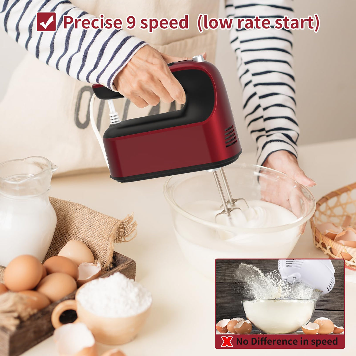 Yomelo 9-Speed Digital Hand Mixer Electric, 400W DC Motor, Hand Mixer electric Handheld with Snap-On Storage Case, Touch Button, Turbo Boost, 5x Stainless Steel Accessories (Red) Yomelo