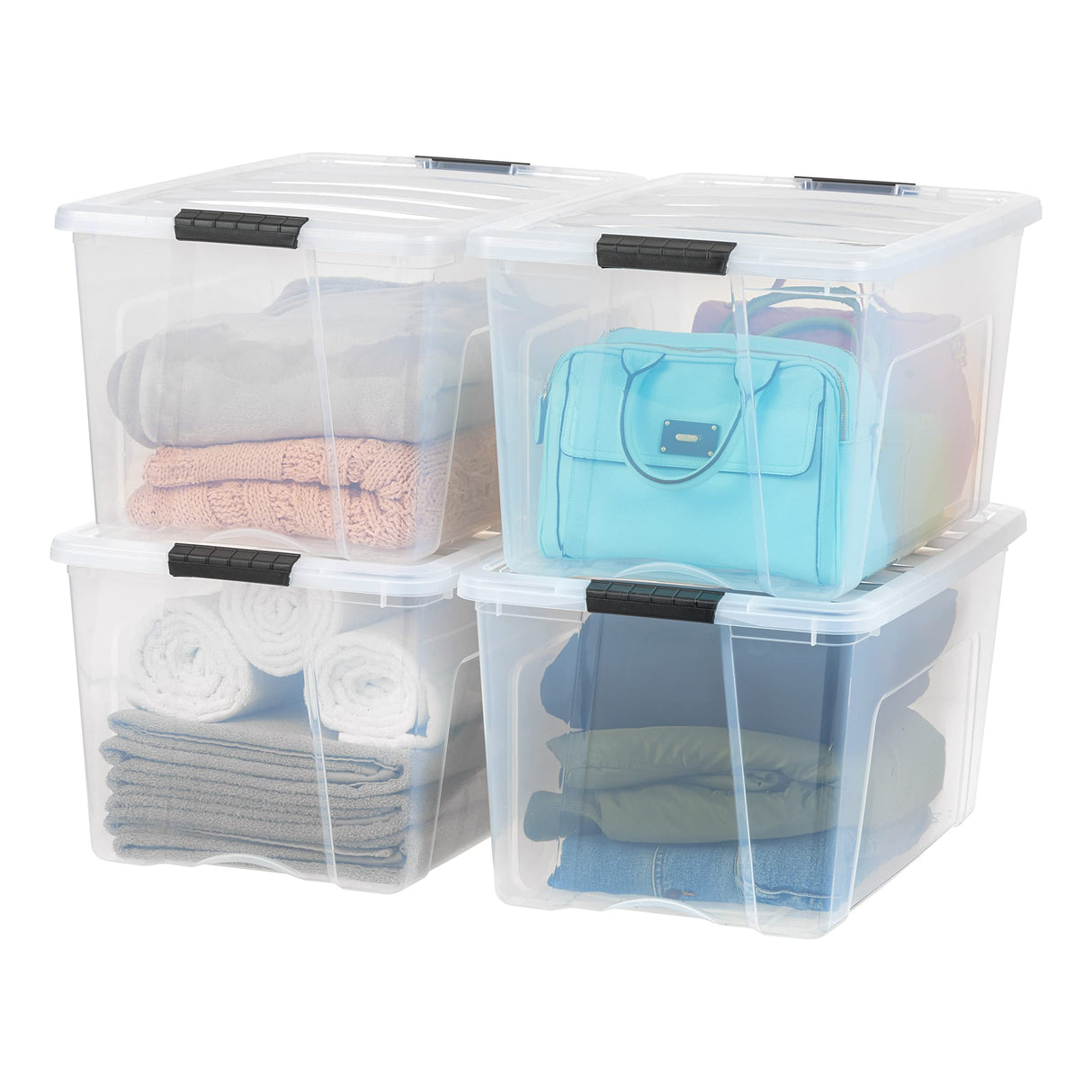IRIS USA 72 Qt Stackable Plastic Storage Bins with Lids, 4 Pack - BPA-Free, Made in USA - See-Through Organizing Solution, Latches, Durable Nestable Containers, Secure Pull Handle - Clear Iris Ohyama