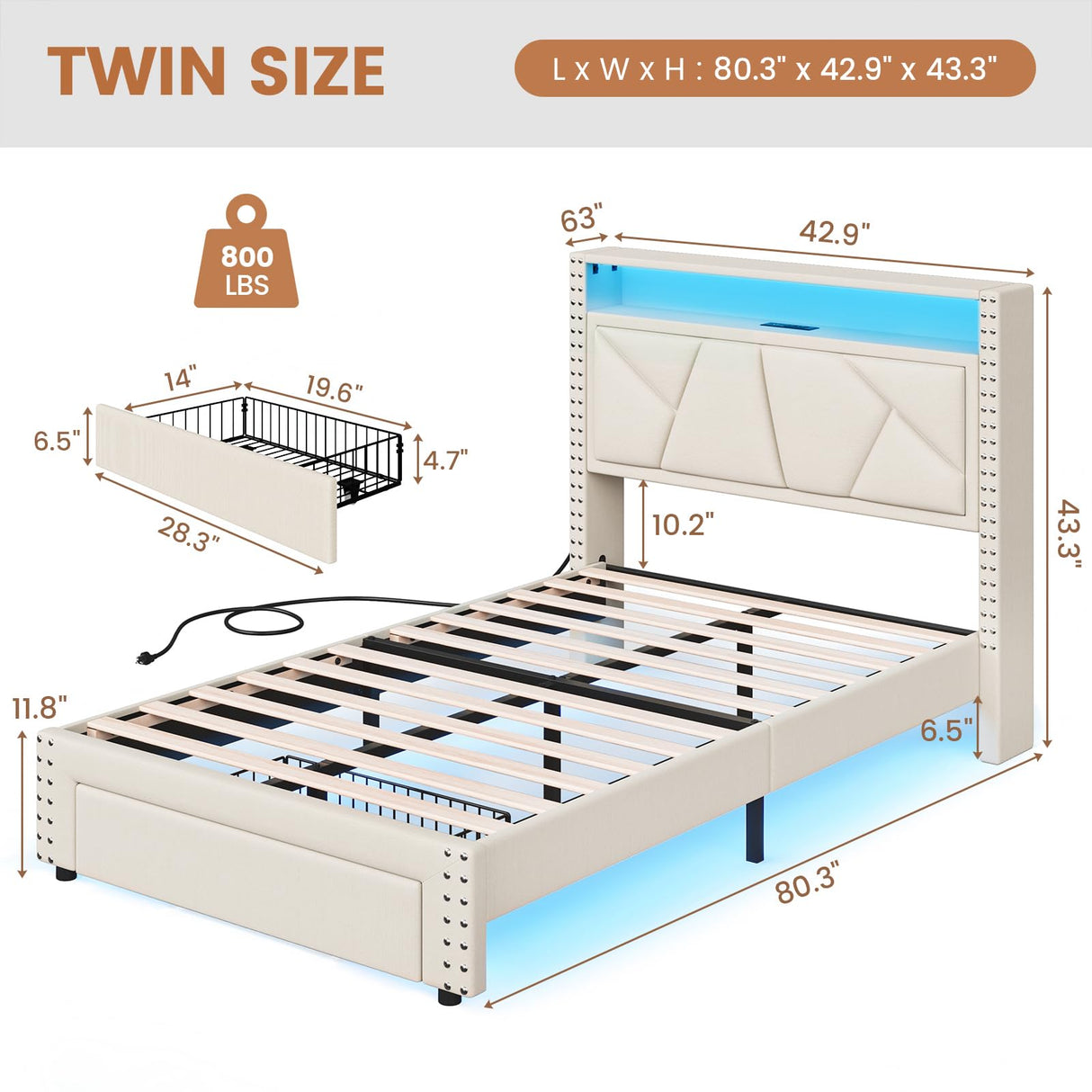 VIAGDO White Twin Bed Frames with LED Lights, Upholstered Platform Bed Frame Twin Size with Storage Headboard and Charging Station, LED Twin Bed Frame, No Box Spring Needed VIAGDO