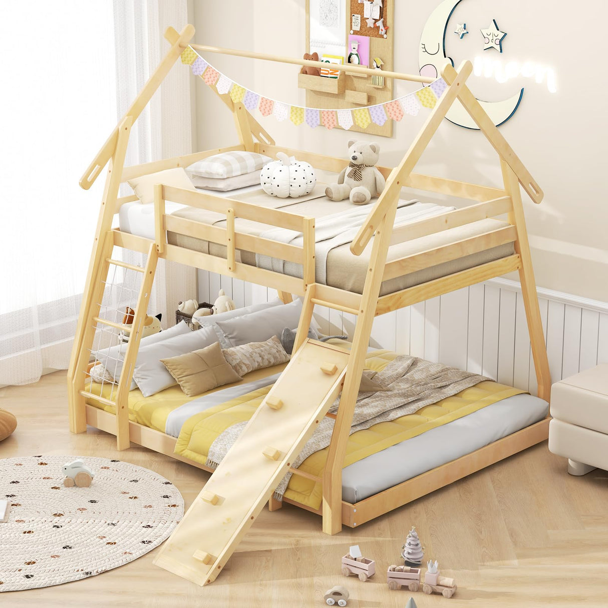 Costzon Twin Over Queen Bunk Bed, House Shaped Bed Frame with Climbing Nets and Ramp, Safety Guardrail, No Box Spring Needed, Wooden Kids Bed for Boys Girls (Natural, Twin Over Queen) Costzon