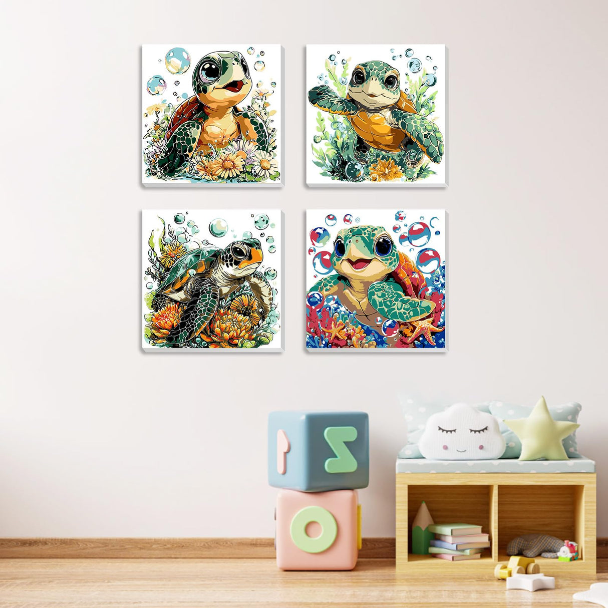MXJSUA 4 Pack Cute Cartoon Turtle Paint by Numbers Kit with Framed Canvas for Ages 6-12 Kids, Paint by Numbers Kits for Children Beginners, Acrylic Oil Painting for Home Wall Decor Gift (8x8 inch) MXJSUA