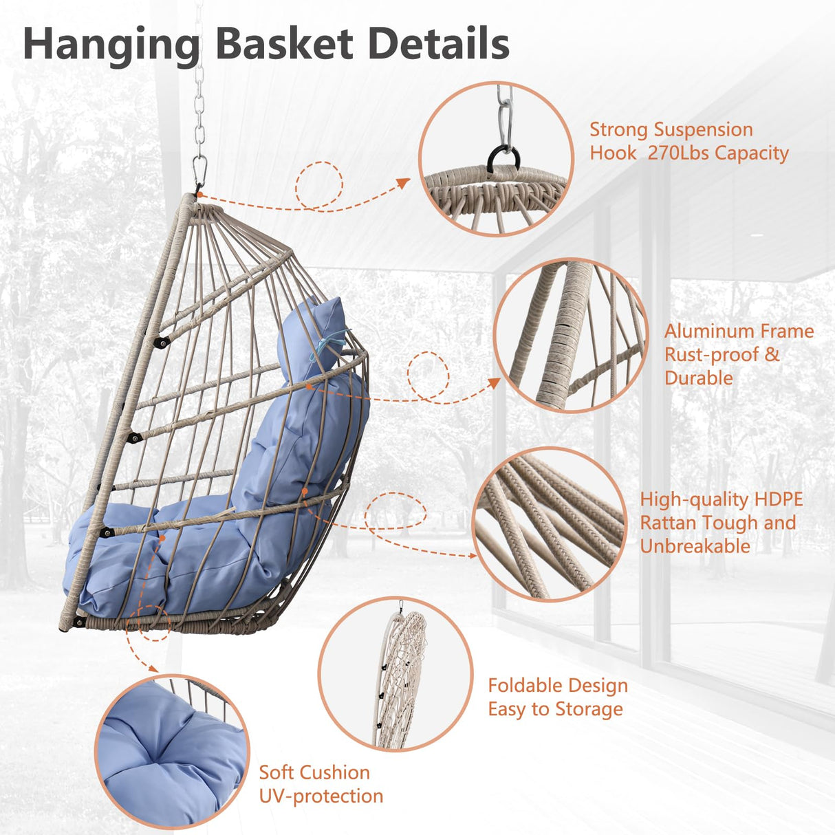 Hanging Egg Chair Without Stand, HDPE Rattan Foldable Swing Chair with Aluminum Frame & UV Resistant Cushion, Hammock Egg Basket for Indoor Outdoor Bedroom Garden, 350Lbs Capacity (Blue) DAIJIA CHINA