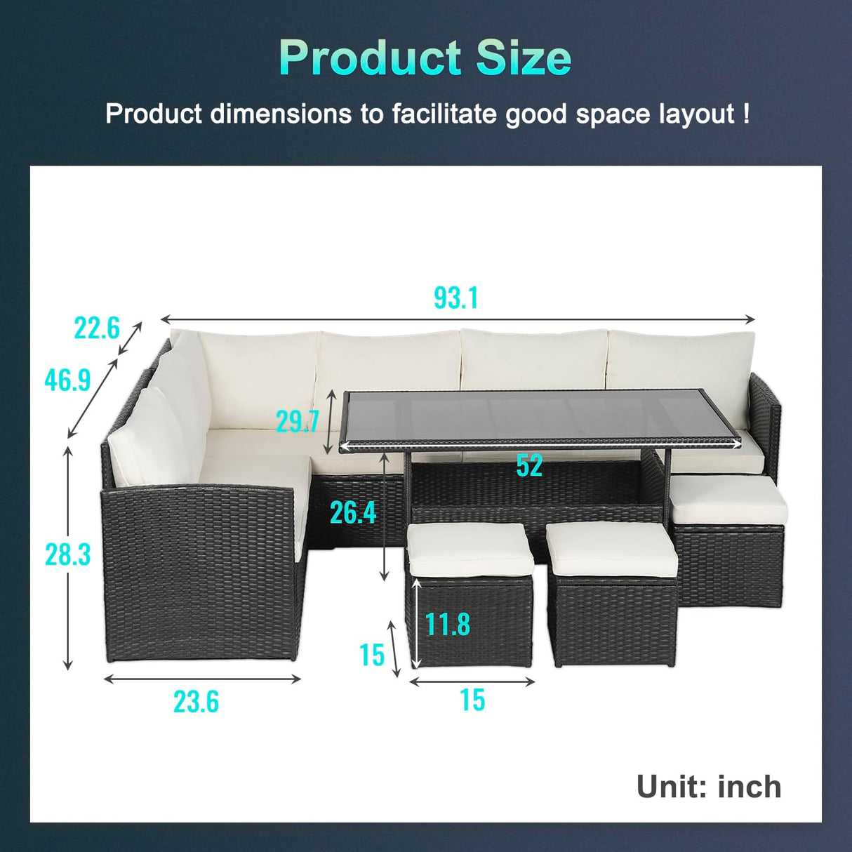 Outdoor Dining Sets 7 Pieces Patio Dining Table Set 9 Seats Rattan Outdoor Furniture Set with Glass Dining Table Sectional Sofas Ottoman Cushions for Patio Backyard Poolside Outdoor, Khaki PayLessHere