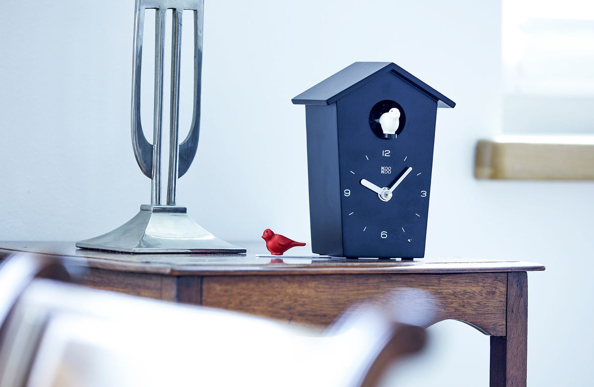 KOOKOO Birdhouse Mini Black, Tiny Modern Cuckoo Clock with 12 Natural Bird Songs or Cuckoo Call KOOKOO