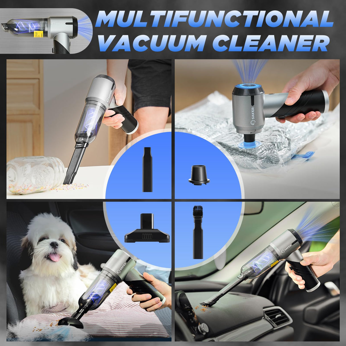 Saker Car Vacuum Portable Cordless17000PA Handheld Vacuum Rechargeable Foldable Vacuum Cleaner with Brushless Motor for Home,Office Pet and Car Cleaning HL132 Black Saker