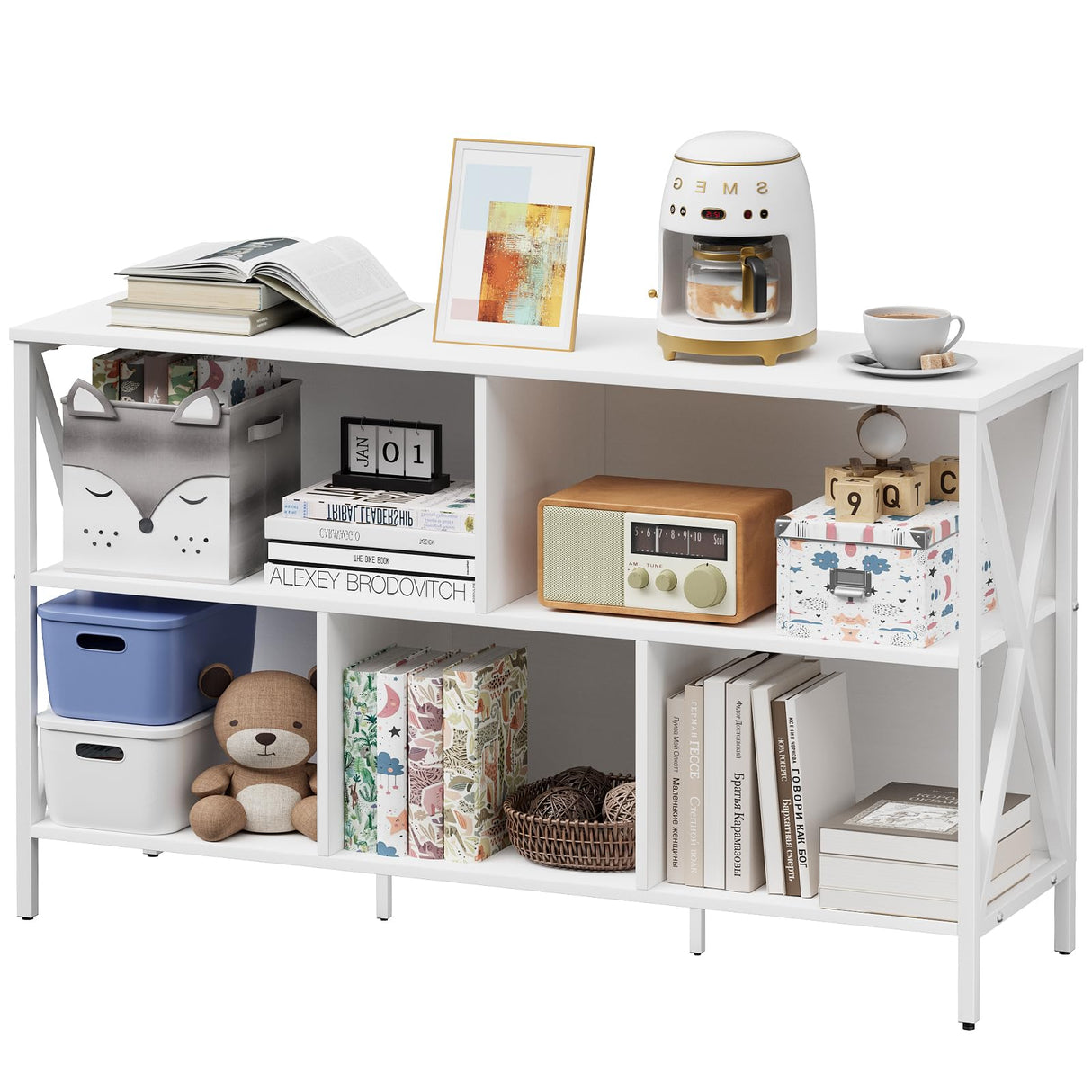 Horizontal Bookshelf,Industrial Modern 5 Cube Low Wide Cubby Bookcase,Long Wood and Metal Storage Organizer Open Shelf, Short Book Shelf Bedroom Storage for Home Office Living Room(White,5 Cube) Adompacat