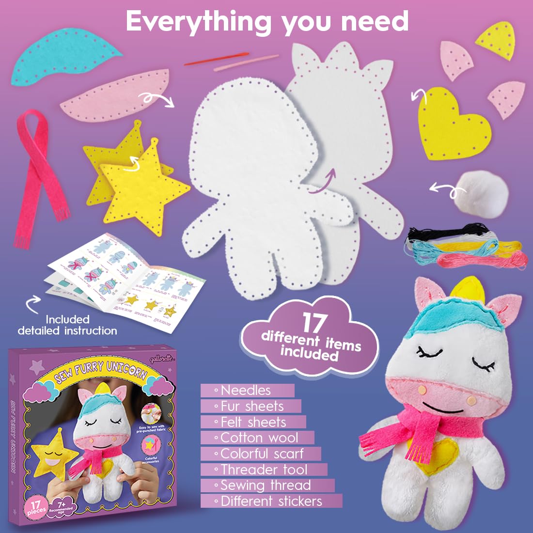 qollorette Fur Sewing Kit for Children, Sew Your Own Unicorn Toy Kids' Craft Kit - Sewing Kit for Kids, Learn to Sew & Play qollorette