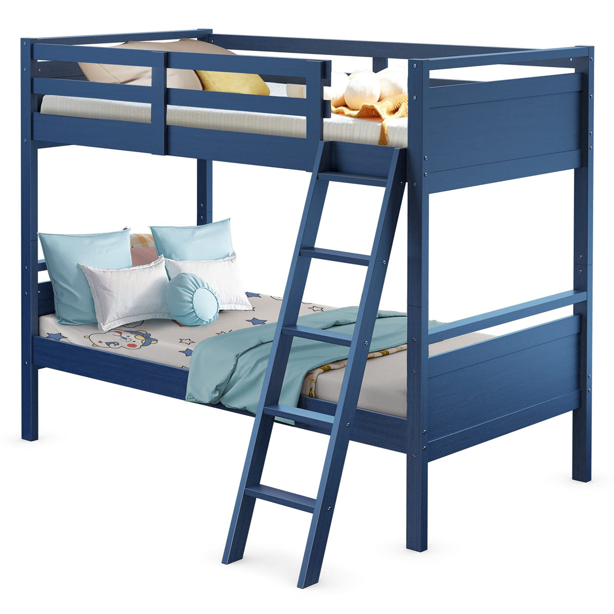 Costzon Twin-Over-Twin Wood Bunk Bed, 2-in-1 Convertible Space-Saving Bunk Bed for Bedroom Dorm Guest Room, Heavy Duty Bed Frame w/Inclined Ladder & Safety Guardrails for Kids Teens Adults (Navy) Costzon