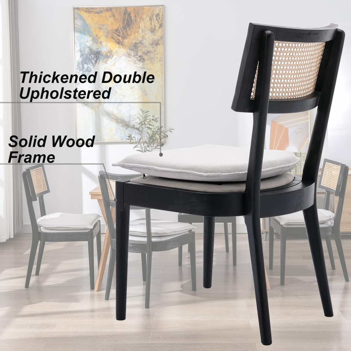 QUINJAY Rattan Farmhouse Dining Chairs Set of 4, Linen French Country Dining Chairs with Hollow Back, Double Upholstered Dining Room Chairs Rustic Kitchen Chairs with Wood Frame for Living Room, Black QUINJAY