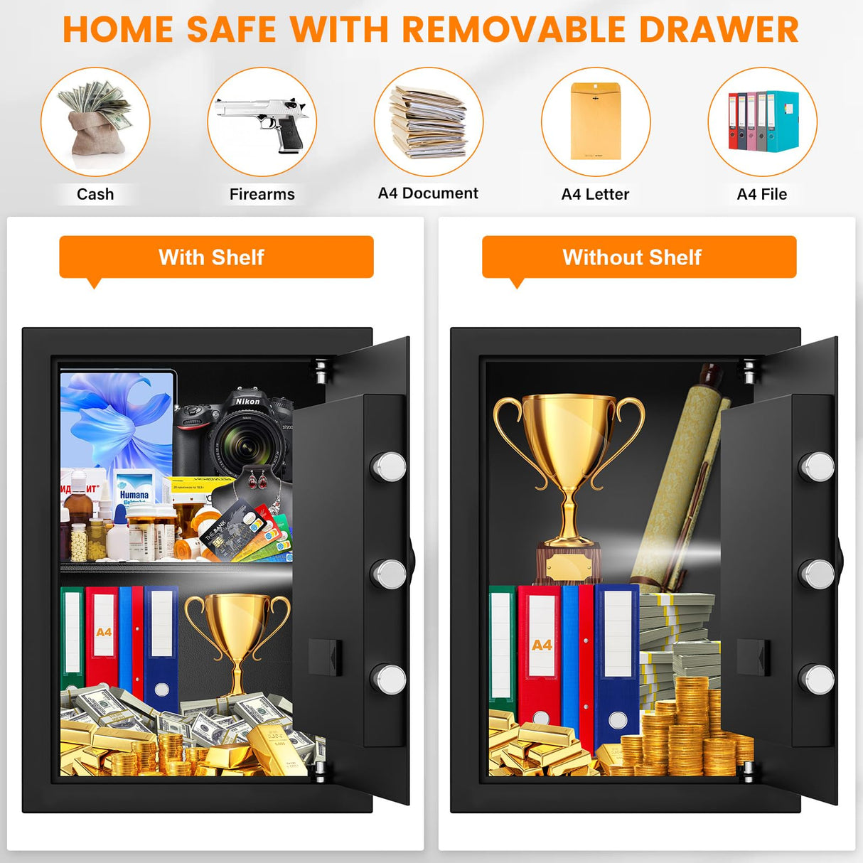 3.0 Cub Large Home Safe Fireproof Waterproof, Digital Firep roof Safe Box With Fireproof Bag, Combination Lock and Alarm Systerm, Fire Safes for Home Documents Money Valuables Bukumo